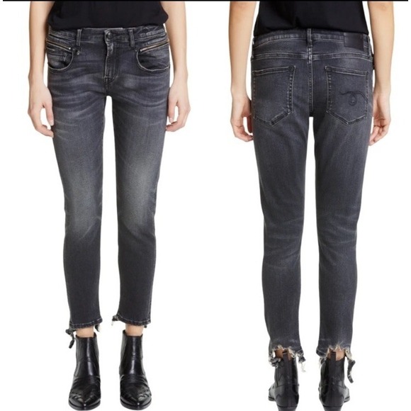 R13 Biker Boy Distressed Skinny Denim Jeans Women's 28 Gino Black Raw Hem New